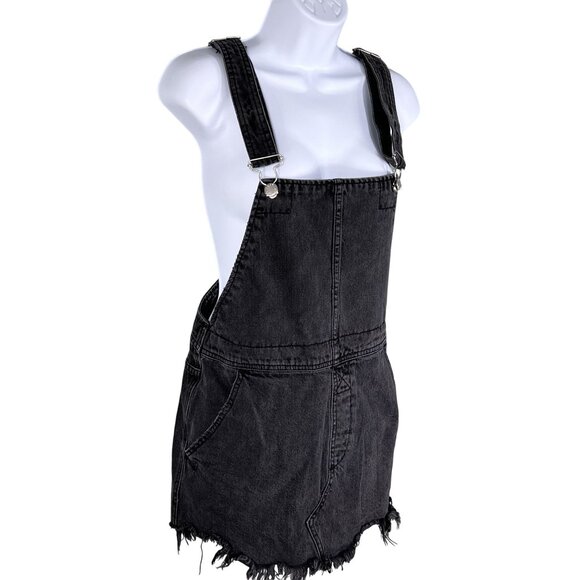 Free People Womens 4 Black Denim Overall Dress Frayed Hem Mini Jumper Grunge - Picture 1 of 15